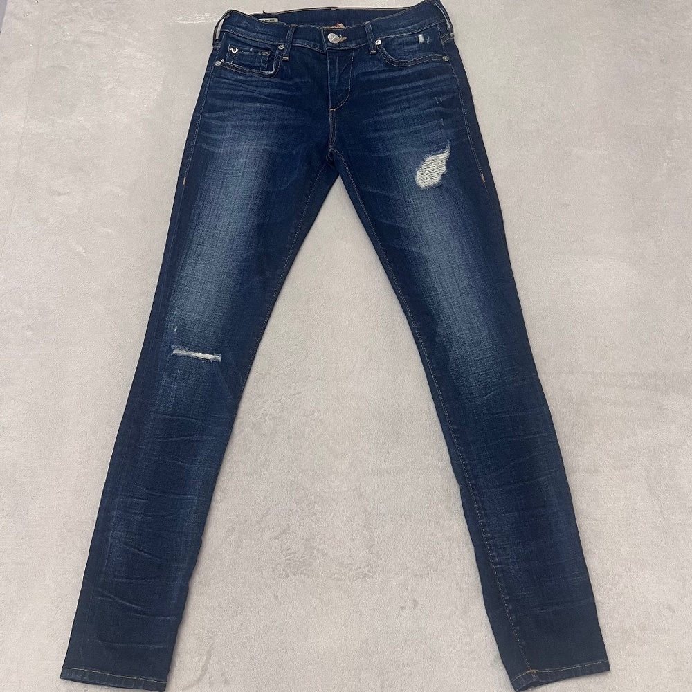 TRUE RELIGION Women's 26  Halle Jeans Mid Rise Super Skinny Distress Sz 26 USA